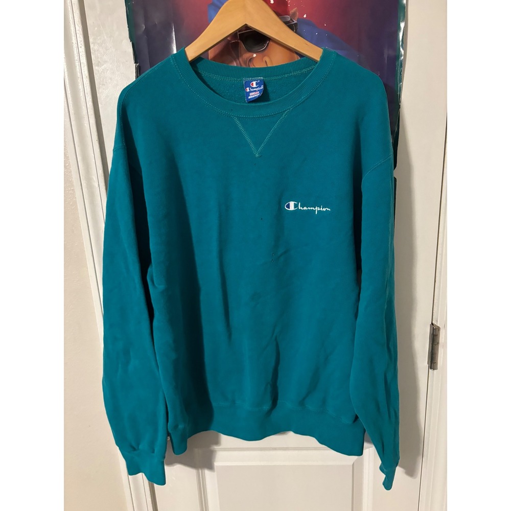 Vintage Champion Crewneck Sweatshirt XL Teal Blue Made in USA Script Logo